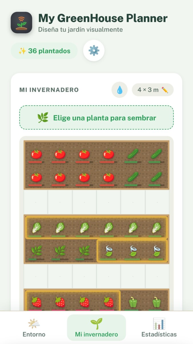 App My GreenHouse Planner con cultivos del invernadero